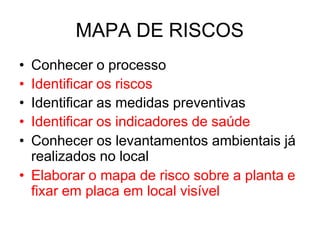 MAPA DE RISCOS
• Conhecer o processo
• Identificar os riscos
• Identificar as medidas preventivas
• Identificar os indicadores de saúde
• Conhecer os levantamentos ambientais já
realizados no local
• Elaborar o mapa de risco sobre a planta e
fixar em placa em local visível
 