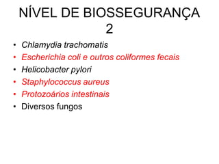 NÍVEL DE BIOSSEGURANÇA
2
• Chlamydia trachomatis
• Escherichia coli e outros coliformes fecais
• Helicobacter pylori
• Staphylococcus aureus
• Protozoários intestinais
• Diversos fungos
 
