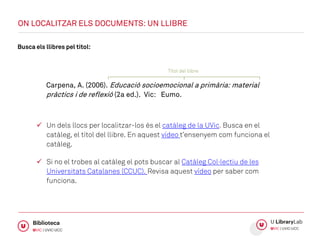 Busca els llibres pel títol:
 Un dels llocs per localitzar-los és el catàleg de la UVic. Busca en el
catàleg, el títol del llibre. En aquest vídeo t’ensenyem com funciona el
catàleg.
 Si no el trobes al catàleg el pots buscar al Catàleg Col·lectiu de les
Universitats Catalanes (CCUC). Revisa aquest vídeo per saber com
funciona.
Carpena, A. (2006). Educació socioemocional a primària: material
pràctics i de reflexió (2a ed.). Vic: Eumo.
ON LOCALITZAR ELS DOCUMENTS: UN LLIBRE
Títol del llibre
 