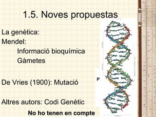 1.5. Noves propuestas La genètica: Mendel:  Informació bioquímica Gàmetes No ho tenen en compte De Vries (1900): Mutació Altres autors: Codi Genètic 