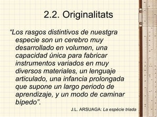 2.2. Originalitats “ Los rasgos distintivos de nuestgra especie son un cerebro muy desarrollado en volumen, una capacidad única para fabricar instrumentos variados en muy diversos materiales, un lenguaje articulado, una infancia prolongada que supone un largo periodo de aprendizaje, y un modo de caminar bípedo”. J.L. ARSUAGA:  La espècie triada 