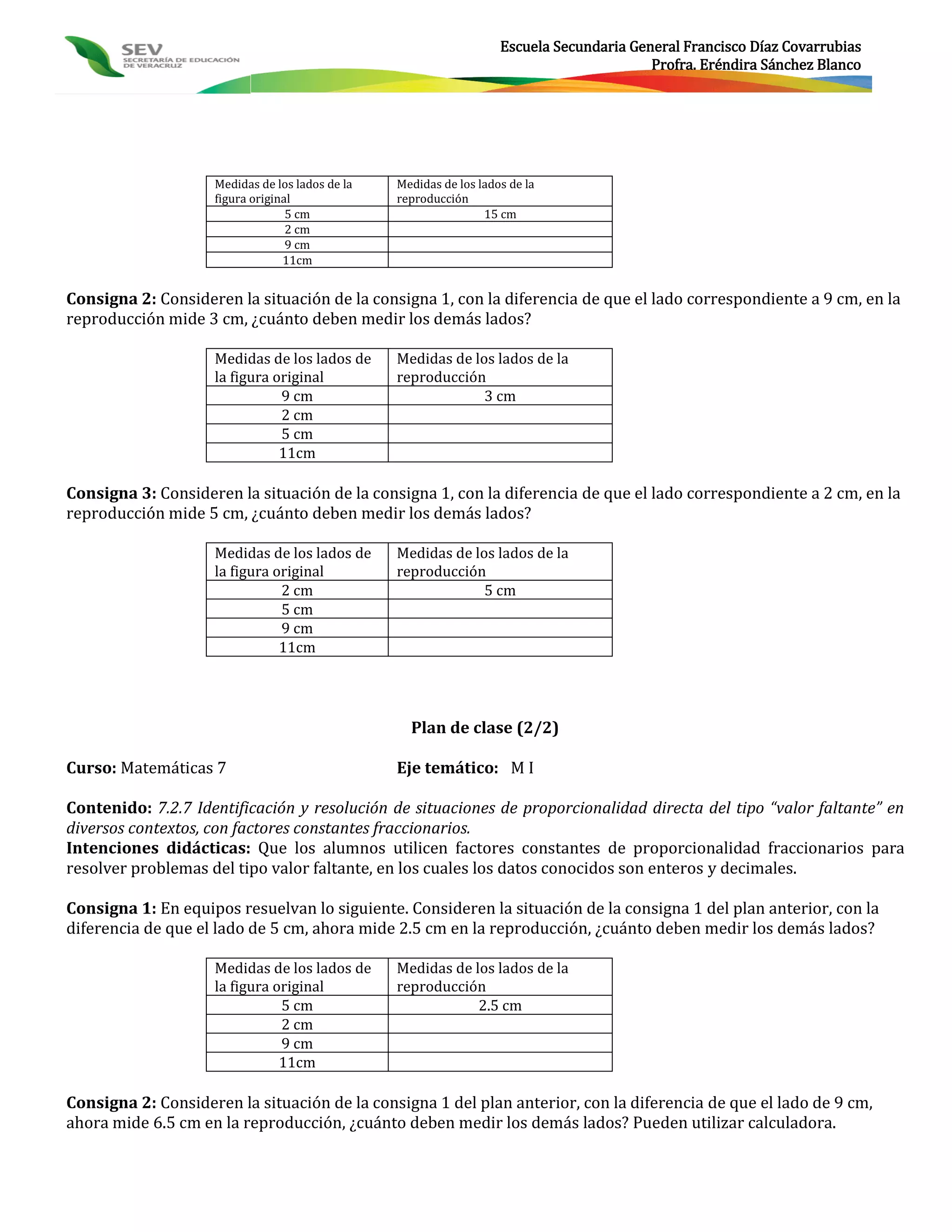 Escuela Secundaria General Francisco Díaz Covarrubias
                                                                                          Profra. Eréndira Sánchez Blanco




                    Medidas de los lados de la   Medidas de los lados de la
                    figura original              reproducción
                                  5 cm                           15 cm
                                  2 cm
                                  9 cm
                                 11cm


Consigna 2: Consideren la situación de la consigna 1, con la diferencia de que el lado correspondiente a 9 cm, en la
reproducción mide 3 cm, ¿cuánto deben medir los demás lados?

                    Medidas de los lados de      Medidas de los lados de la
                    la figura original           reproducción
                               9 cm                           3 cm
                               2 cm
                               5 cm
                               11cm

Consigna 3: Consideren la situación de la consigna 1, con la diferencia de que el lado correspondiente a 2 cm, en la
reproducción mide 5 cm, ¿cuánto deben medir los demás lados?

                    Medidas de los lados de      Medidas de los lados de la
                    la figura original           reproducción
                               2 cm                           5 cm
                               5 cm
                               9 cm
                               11cm




                                                   Plan de clase (2/2)

Curso: Matemáticas 7                             Eje temático: M I

Contenido: 7.2.7 Identificación y resolución de situaciones de proporcionalidad directa del tipo “valor faltante” en
diversos contextos, con factores constantes fraccionarios.
Intenciones didácticas: Que los alumnos utilicen factores constantes de proporcionalidad fraccionarios para
resolver problemas del tipo valor faltante, en los cuales los datos conocidos son enteros y decimales.

Consigna 1: En equipos resuelvan lo siguiente. Consideren la situación de la consigna 1 del plan anterior, con la
diferencia de que el lado de 5 cm, ahora mide 2.5 cm en la reproducción, ¿cuánto deben medir los demás lados?

                    Medidas de los lados de      Medidas de los lados de la
                    la figura original           reproducción
                               5 cm                          2.5 cm
                               2 cm
                               9 cm
                               11cm

Consigna 2: Consideren la situación de la consigna 1 del plan anterior, con la diferencia de que el lado de 9 cm,
ahora mide 6.5 cm en la reproducción, ¿cuánto deben medir los demás lados? Pueden utilizar calculadora.
 