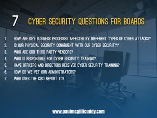 Cyber security questions for boards7
1. How are key business processes affected by different types of cyber attacks?
2. Is...