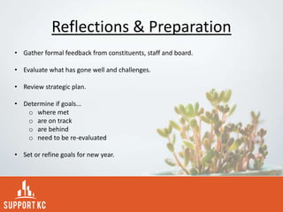 Reflections & Preparation
• Gather formal feedback from constituents, staff and board.
• Evaluate what has gone well and challenges.
• Review strategic plan.
• Determine if goals...
o where met
o are on track
o are behind
o need to be re-evaluated
• Set or refine goals for new year.
 