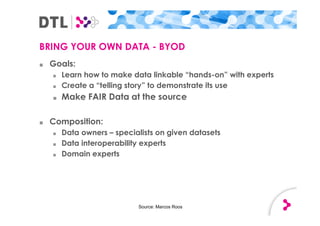 BRING YOUR OWN DATA - BYOD
■ Goals:
■ Learn how to make data linkable “hands-on” with experts
■ Create a “telling story” to demonstrate its use
■ Make FAIR Data at the source
■ Composition:
■ Data owners – specialists on given datasets
■ Data interoperability experts
■ Domain experts
Source: Marcos Roos
 
