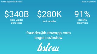 founder@bstowapp.com
angel.co/bstow
$280K
In 6 months
91%Monthly
Retention
$340BNon-Digital
Donations
ANGEL.CO/BSTOWFOUNDER@BSTOWAPP.COM
 