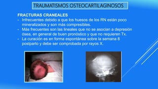 TRAUMATISMOS OSTEOCARTILAGINOSOS
FRACTURAS CRANEALES
- Infrecuentes debido a que los huesos de los RN están poco
mineralizados y son más compresibles.
- Más frecuentes son las lineales que no se asocian a depresión
ósea, en general de buen pronóstico y que no requieren Tx.
- La curación es en forma espontánea sobre la semana 8
postparto y debe ser comprobada por rayos X.
 