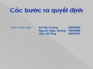 Nhóm thực hiện:   Bùi Tiến Cường    - 20090389
                  Nguyễn Ngọc Quang - 20092088
                  Lâm Viết Tùng     - 20093097
 