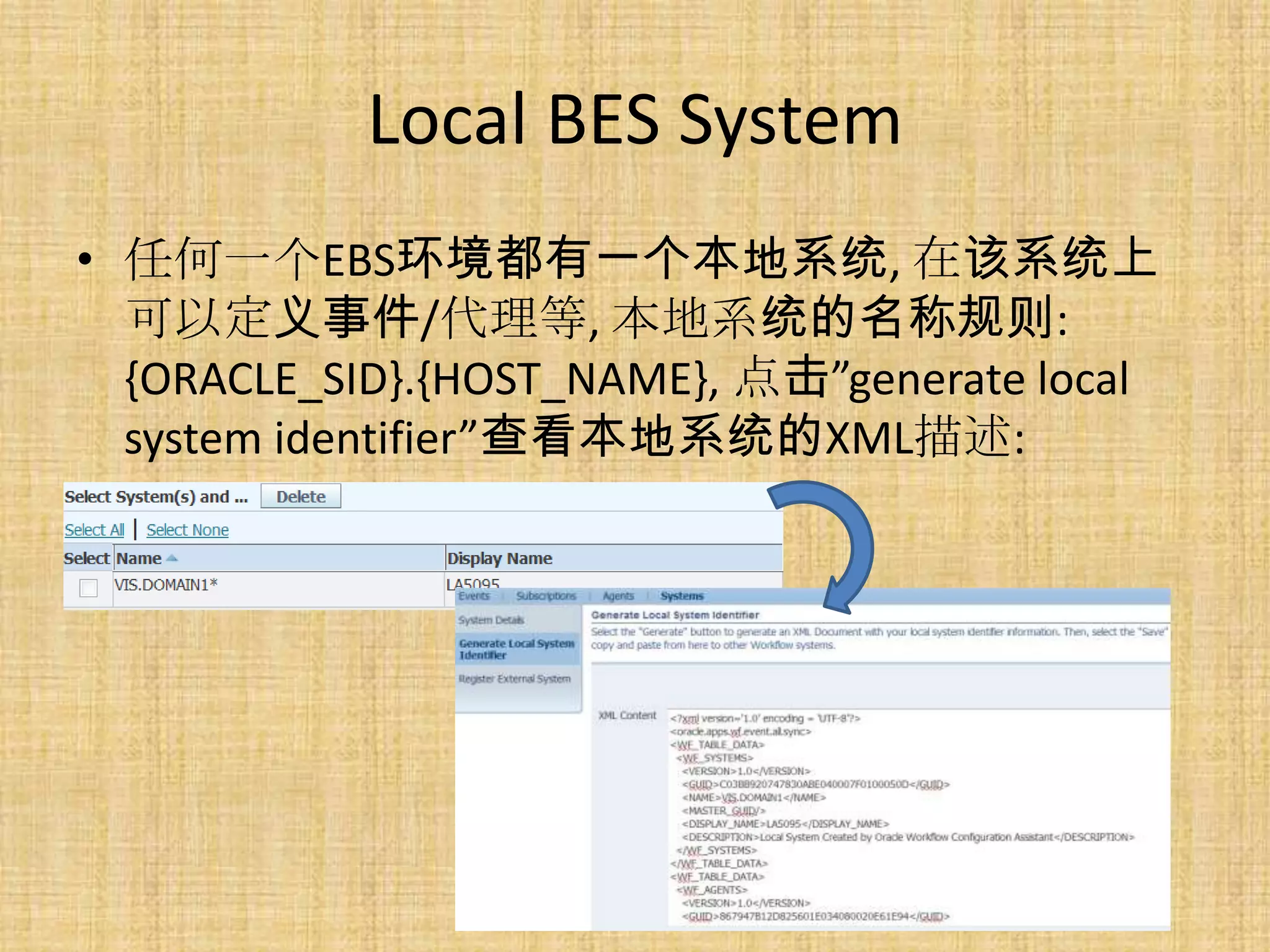 Local BES System
• 任何一个EBS环境都有一个本地系统, 在该系统上
  可以定义事件/代理等, 本地系统的名称规则:
  {ORACLE_SID}.{HOST_NAME}, 点击”generate local
  system identifier”查看本地系统的XML描述:
 