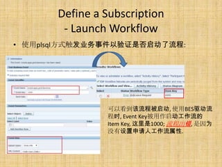 Define a Subscription
        - Launch Workflow
? ʹplsqlʽҵ¼֤Ƿ:




                Կ̱, ʹBES
                ʱ, Event Key
                Item Key, 1000; ̳, Ϊ
                û˹.
 