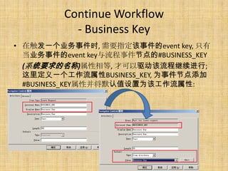 Continue Workflow
           - Business Key
? ڴһҵ¼ʱ, Ҫָ¼event key, ֻ
  ҵ¼event key¼ڵ#BUSINESS_KEY
  (ϵͳҪ), ſ̼;
  ﶨһBUSINESS_KEY, Ϊ¼ڵ
  #BUSINESS_KEYԲĬֵΪù:
 