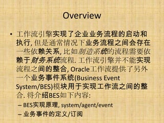 Overview
? ʵ˹˾ҵ̵
  ִ, ͨҵ֮
  һЩϵ, ϵͳҪ
  ڲϵͳ. 沢ʵ
  ֮, Oracleṩ
  һҵ¼ϵͳ(Business Event
  System/BES)ģʵֹ֮
  . BES:
 C BESʵԭ, system/agent/event
 C ҵ¼Ķ/
 