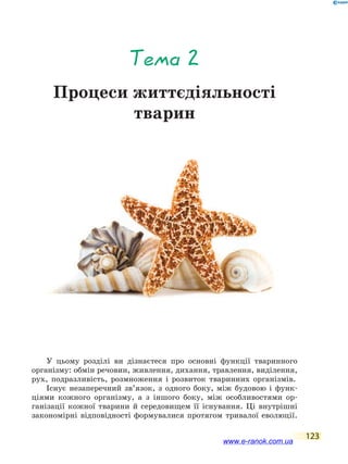123
Тема 2
Процеси життєдіяльності
тварин
У цьому розділі ви дізнаєтеся про основні функції тваринного
організму: обмін речовин, живлення, дихання, травлення, виділення,
рух, подразливість, розмноження і розвиток тваринних організмів.
Існує незаперечний зв’язок, з одного боку, між будовою і функ-
ціями кожного організму, а з іншого боку, між особливостями ор-
ганізації кожної тварини й середовищем її існування. Ці внутрішні
закономірні відповідності формувалися протягом тривалої еволюції.
www.e-ranok.com.ua
 