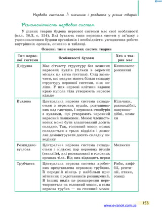 нервова система. Її значення і розвиток у різних тварин
153
Різноманітність нервових систем
У різних тварин будова нервової системи має свої особливості
(мал. 38.3, с. 154). Які бувають типи нервових систем у зв’язку з
удосконаленням будови організмів і необхідністю узгодження роботи
внутрішніх органів, описано в таблиці.
Основні типи нервових систем тварин
Тип нерво-
вої системи
Особливості будови
Хто з тва-
рин має
Дифузна Має сітчасту структуру без великих
нервових вузлів (тільки в окремих
місцях ця сітка густіша). Слід зазна-
чити, що медузи мають більш складну
структуру нервової системи, ніж по-
ліпи. У них нервові клітини вздовж
краю купола тіла утворюють нервове
кільце
Кишковопо-
рожнинні
Вузлова Центральна нервова система склада-
ється з нервових вузлів, розташова-
них над глоткою, і нервових стовбурів
з вузлами, що утворюють черевний
нервовий ланцюжок. Мозок членисто-
ногих може бути влаштований досить
складно. Так, головний мозок комах
складається з трьох відділів і дозво-
ляє демонструвати досить складну по-
ведінку
Кільчаки,
ракоподібні,
павукопо-
дібні, кома-
хи
Розкидано-
вузлова
Центральна нервова система склада-
ється з кількох пар нервових вузлів
(гангліїв), які розташовані в головних
органах тіла. Від них відходять нерви
Молюски
Трубчаста Центральна нервова система хребет-
них представлена нервовою трубкою.
Її передній кінець у найбільш при-
мітивних представників розширений.
В інших видів це розширення пере-
творюється на головний мозок, а сама
нервова трубка — на спинний мозок
Риби, амфі-
бії, репти-
лії, птахи,
ссавці
www.e-ranok.com.ua
 