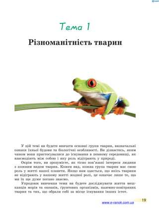 19
Тема 1
Різноманітність тварин
У цій темі ви будете вивчати основні групи тварин, визначальні
ознаки їхньої будови та біологічні особливості. Ви дізнаєтесь, яким
чином вони пристосувалися до існування в певному середовищі, як
взаємодіють між собою і яку роль відіграють у природі.
Окрім того, ви зрозумієте, як тісно пов’язані інтереси людини
з кожним видом тварин. Кожен вид, кожна група тварин має свою
роль у житті нашої планети. Якщо нам здається, що якісь тварини
не відіграють у нашому житті жодної ролі, це означає лише те, що
ми їх ще дуже погано знаємо.
Упродовж вивчення теми ви будете досліджувати життя меш-
канців морів та океанів, ґрунтових організмів, наземно-повітряних
тварин та тих, що обрали собі за місце існування інших істот.
www.e-ranok.com.ua
 