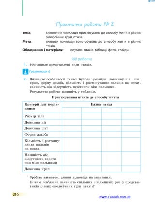 216
Практична робота № 2
Тема.	 Виявлення прикладів пристосувань до способу життя в різних
екологічних груп птахів.
Мета:	 виявити приклади пристосувань до способу життя в різних
птахів.
Обладнання і матеріали:	 опудала птахів, таблиці, фото, слайди.
Хід роботи
	1.	 Розгляньте представлені види птахів.
Презентація 6
	2.	 Визначте особливості їхньої будови: розміри, довжину ніг, шиї,
крил, форму дзьоба, кількість і розташування пальців на ногах,
наявність або відсутність перетинок між пальцями.
	 	 Результати роботи запишіть у таблицю.
	 	 Пристосування птахів до способу життя
Критерії для порів-
няння
Назва птаха
Розмір тіла
Довжина ніг
Довжина шиї
Форма дзьоба
Кількість і розташу-
вання пальців
на ногах
Наявність або
відсутність перети-
нок між пальцями
Довжина крил
	 	 Зробіть висновок, давши відповідь на запитання.
	 	 Із чим пов’язана наявність спільних і відмінних рис у пред­став­
ників різних екологічних груп птахів?
www.e-ranok.com.ua
 