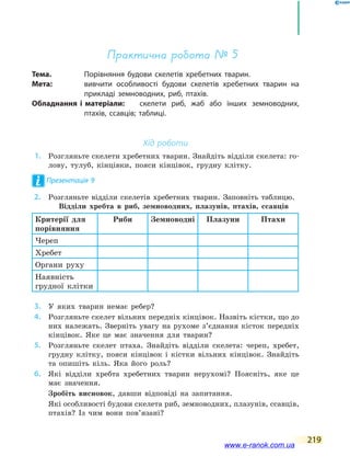 219
Практична робота № 5
Тема.	 Порівняння будови скелетів хребетних тварин.
Мета:	 вивчити особливості будови скелетів хребетних тварин на
прикладі земноводних, риб, птахів.
Обладнання і матеріали:	 скелети риб, жаб або інших земноводних,
птахів, ссавців; таблиці.
Хід роботи
	1.	 Розгляньте скелети хребетних тварин. Знайдіть відділи скелета: го-
лову, тулуб, кінцівки, пояси кінцівок, грудну клітку.
Презентація 9
	2.	 Розгляньте відділи скелетів хребетних тварин. Заповніть таблицю.	
	 Відділи хребта в риб, земноводних, плазунів, птахів, ссавців
Критерії для
порівняння
Риби Земноводні Плазуни Птахи
Череп
Хребет
Органи руху
Наявність
грудної клітки
	3.	 У яких тварин немає ребер?
	4.	 Розгляньте скелет вільних передніх кінцівок. Назвіть кістки, що до
них належать. Зверніть увагу на рухоме з’єднання кісток передніх
кінцівок. Яке це має значення для тварин?
	5.	 Розгляньте скелет птаха. Знайдіть відділи скелета: череп, хребет,
грудну клітку, пояси кінцівок і кістки вільних кінцівок. Знайдіть
та опишіть кіль. Яка його роль?
	6.	 Які відділи хребта хребетних тварин нерухомі? Поясніть, яке це
має значення.
	 	 Зробіть висновок, давши відповіді на запитання.
	 	 Які особливості будови скелета риб, земноводних, плазунів, ссавців,
птахів? Із чим вони пов’язані?
www.e-ranok.com.ua
 