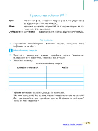 221
Практична робота № 7
Тема.	 Визначення форм поведінки тварин (або типів угруповань)
(за відеоматеріалами або описом).
Мета:	 навчитися визначати направленість поведінки тварин за ре-
зультатами спостереження.
Обладнання і матеріали:	 відеоматеріали, таблиці, додаткова література.
Хід роботи
	1.	 Перегляньте відеоматеріали. Визначте тварин, поведінка яких
зафіксована на відео.
Відео «Поведінка тварин»
	2.	 Виокремте повторювані прояви поведінки тварин (годування,
піклування про потомство, чищення пір’я тощо).
	3.	 Заповніть таблицю.
	 	 Форми поведінки тварин
Елемент поведінки Опис
	 	 Зробіть висновок, давши відповіді на запитання.
	 	 Що таке поведінка? Які направленості поведінки тварин ви знаєте?
Яку направленість має поведінка, що ви її тільки-но побачили?
Чому ви так вирішили?
www.e-ranok.com.ua
 