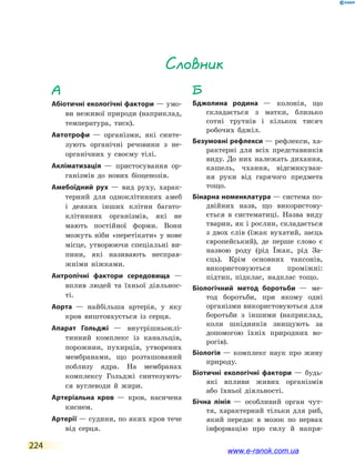 224
А
Абіотичні екологічні фактори — умо-
ви неживої природи (наприклад,
температура, тиск).
Автотрофи — організми, які синте-
зують органічні речовини з  не-
органічних у своєму тілі.
Акліматизація — пристосування ор-
ганізмів до нових біоценозів.
Амебоїдний рух — вид руху, харак-
терний для одноклітинних амеб
і деяких інших клітин багато-
клітинних організмів, які не
мають постійної форми. Вони
можуть ніби «перетікати» у нове
місце, утворюючи спеціальні ви-
пини, які називають несправ-
жніми ніжками.
Антропічні фактори середовища —
вплив людей та їхньої діяльнос-
ті.
Аорта — найбільша артерія, у яку
кров виштовхується із серця.
Апарат Гольджі — внутрішньоклі-
тинний комплекс із канальців,
порожнин, пухирців, утворених
мембранами, що розташований
поблизу ядра. На мембранах
комплексу Гольджі синтезують-
ся вуглеводи й жири.
Артеріальна кров — кров, насичена
киснем.
Артерії — судини, по яких кров тече
від серця.
Б
Бджолина родина — колонія, що
складається з матки, близько
сотні трутнів і кількох тисяч
робочих бджіл.
Безумовні рефлекси — рефлекси, ха-
рактерні для всіх представників
виду. До них належать дихання,
кашель, чхання, відсмикуван-
ня руки від гарячого предмета
тощо.
Бінарна номенклатура — система по-
двійних назв, що використову-
ється в систематиці. Назва виду
тварин, як і рослин, складається
з двох слів (їжак вухатий, заєць
європейський), де перше слово є
назвою роду (рід Їжак, рід За-
єць). Крім основних таксонів,
використовуються проміжні:
підтип, підклас, надклас тощо.
Біологічний метод боротьби — ме-
тод боротьби, при якому одні
організми використовуються для
боротьби з іншими (наприклад,
коли шкідників знищують за
допомогою їхніх природних во-
рогів).
Біологія — комплекс наук про живу
природу.
Біотичні екологічні фактори — будь­
які впливи живих організмів
або їхньої діяльності.
Бічна лінія — особливий орган чут-
тя, характерний тільки для риб,
який передає в мозок по нервах
інформацію про силу й  напря-
Словник
www.e-ranok.com.ua
 
