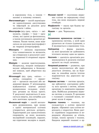 Словник
229
в  порожнину тіла, а іншим  —
назовні в кожному сегменті.
Миготливий рух — спосіб переміщен-
ня одноклітинних джгутикових
та інфузорій за рахунок руху
джгутиків і війок.
Міксотрофи (від грец. «мікс» — змі-
шувати, «трофе» — їжа) — орга-
нізми, які здатні до фотосинтезу,
а також поглинають органічні ре-
човини. Таким чином, вони жив-
ляться як рослини (автотрофно) і
як тварини (гетеротрофно).
Міксоцель — змішана порожнина
тіла членистоногих та молюсків,
що утворилася в результаті злит-
тя первинної й вторинної порож-
нин.
Мімікрія — захисне пристосування.
Наприклад, яскраве попереджу-
вальне забарвлення в беззахис-
ної комахи, щоб уберегтися від
хижаків.
Мітохондрії (від грец. «мітос» —
нитка, «хондріон» — зернят-
ко)  — органели овальної або ви-
довженої форми. У мітохондріях
відбуваються хімічні реакції
розщеплення складних хіміч-
них речовин на більш прості.
У результаті виділяється й запа-
сається енергія, яка потрібна для
всіх життєвих процесів.
Множинний поділ — спосіб нестате-
вого розмноження, при якому
з однієї материнської клітини
утворюється декілька дочірніх.
Характерний для одноклітинних
споровиків, до яких належить
малярійний плазмодій, паразит,
що спричиняє малярію в людей.
Мозкові ганглії — скупчення нерво-
вих клітин на передньому кінці
тіла, від яких відходять нервові
стовбури.
Морфологія — наука про будову ор-
ганізму та органів.
Мушля — див. Черепашка.
Н
Незамкнена кровоносна система —
кровоносна система, у якій кров
рухається не тільки судинами, а
й виливається в порожнину тіла.
Нейтралізм — форма взаємин,
за  якої організми не здійснюють
істотного впливу один на одного.
Неотенія — здатність організмів роз-
множуватися й досягати статевої
зрілості на стадії личинки.
Непрямий розвиток — розвиток, при
якому вилуплюється або наро-
джується личинка, що за будо-
вою та способом життя істотно
відрізняється від дорослого ор-
ганізму.
Нервова система — система органів,
що забезпечує злагоджену робо-
ту всіх органів і систем, зв’язок
організму із зовнішнім середови-
щем. Найбільш розвинена нерво-
ва система в ссавців. Її органами
є головний і спинний мозок, не-
рвові вузли й нерви.
Нервова тканина — тканина, що
складається з клітин зірчастої
форми. «Промені» цих клітин пе-
реходять у відростки. Вони здат-
ні сприймати подразнення й  пе-
редавати збудження до м’язів,
шкіри, інших органів і  тканин.
Завдяки нервовій тканині в ор-
www.e-ranok.com.ua
 