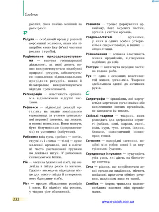 232
Словник
рослий, хоча значно менший за
розмірами.
Р
Радула — особливий орган у ротовій
порожнині молюска, яким він зі-
шкрібає свою їжу (м’які частини
рослин і грибів).
Раціональне природокористуван-
ня  — система господарської
діяльності, за якої досить по-
вно використовуються видобувні
при­родні ресурси, забезпечуєть-
ся поновлення відновлювальних
природних ресурсів, повно й
багаторазово використовуються
відходи промисловості.
Регенерація — властивість організ-
мів відновлювати відсутні час-
тини.
Рефлекси — відповідні реакції ор-
ганізму на вплив зовнішнього
середовища за участю централь-
ної нервової системи, що лежать
в основі поведінки. Вони можуть
бути безумовними (природжени-
ми) та умовними (набутими).
Рибосоми (від грец. «рибос» — потік,
струмінь і «сома» — тіло) — дуже
маленькі органели, які в  кліти-
ні часто розташовані групами
по декілька штук. У  рибосомах
синтезуються білки.
Рій — частина бджолиної сім’ї, що ви-
летіла з гнізда разом із маткою.
Бджоли знаходять підходяще міс-
це для нового гнізда й утворюють
нову бджолину сім’ю.
Ріст — процес збільшення розмірів
і  маси. На відміну від рослин,
у  тварин ріст обмежений.
Розвиток — процес формування ор-
ганізму, його окремих частин,
органів і систем органів.
Роздільностатеві — організми,
у  яких в одних особин утворю-
ються сперматозоїди, в інших —
яйцеклітини.
Розмноження — основна властивість
живих організмів, відтворення
подібних до себе.
Рострум — витягнута передня части-
на голови риби.
Рух — одна з основних властивос-
тей живих організмів. Тварини
здебільшого здатні до активних
рухів.
С
Сапротрофи — організми, які харчу-
ються мертвими організмами або
виділеннями живих організмів,
не завдаючи їм шкоди.
Свійські тварини — тварини, яких
розводять для одержання корис-
ті (собаки, коні, корови, свині,
кози, кури, гуси, качки, індики,
бджоли, шовковичний шовко-
пряд тощо).
Сегменти — однорідні частинки, по-
дібні між собою зовні й  за вну-
трішньою будовою.
Середовище існування — сукупність
усіх умов, які діють на  біологіч-
ну систему.
Сеча — рідина, що виробляється зо-
вні органами виділення, містить
шкідливі продукти обміну речо-
вин, надлишок води та солей.
Симбіоз — форма тривалих взаємо-
вигідних взаємин між організ-
мами.
www.e-ranok.com.ua
 
