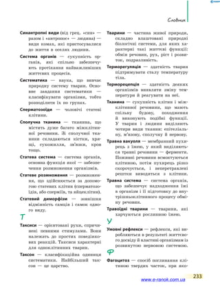 Словник
233
Синантропні види (від грец. «син» —
разом і «антропос» — людина) —
види комах, які пристосувалися
до життя в оселях людини.
Система органів — сукупність ор-
ганів, які спільно забезпечу-
ють протікання найважливіших
життє­вих процесів.
Систематика — наука, що вивчає
природну систему тварин. Осно-
вне завдання систематики  —
класифікувати організми, тобто
розподілити їх по групах.
Сперматозоїди — чоловічі статеві
клітини.
Сполучна тканина — тканина, що
містить дуже багато міжклітин-
ної речовини. Зі сполучної тка-
нини складаються кістки, хря-
щі, сухожилля, зв’язки, кров
тощо.
Статева система — система органів,
основна функція якої — забезпе-
чення розмноження організмів.
Статеве розмноження — розмножен-
ня, що здійснюється за допомо-
гою статевих клітин (сперматозо-
їдів, або сперміїв, та яйцеклітин).
Статевий диморфізм — зовнішня
відмінність самців і самок одно-
го виду.
Т
Таксиси — орієнтовані рухи, спричи-
нені певними стимулами. Вони
належать до простих поведінко-
вих реакцій. Таксиси характерні
для одноклітинних тварин.
Таксон — класифікаційна одиниця
систематики. Найбільший так-
сон — це царство.
Тварини — частина живої природи,
складно влаштовані природні
біологічні системи, для яких ха-
рактерні такі життєві функції:
обмін речовин, рух, ріст і  розви-
ток, подразливість.
Терморегуляція — здатність тварин
підтримувати сталу температуру
тіла.
Терморецепція — здатність деяких
організмів виявляти зміну тем-
ператури й реагувати на неї.
Тканина — сукупність клітин і між-
клітинної речовини, що мають
спільну будову, походження
й виконують подібні функції.
У  тварин і людини виділяють
чотири види тканин: епітеліаль-
ну, м’язову, сполучну й нервову.
Травна вакуоля — мембранний пухи-
рець з їжею, у який виділяють-
ся травні речовини­ — ферменти.
Поживні речовини всмоктуються
клітиною, потім пухирець різко
скорочується, і неперетравлені
рештки виводяться з клітини.
Травна система — система органів,
що забезпечує надходження їжі
в організм і її підготовку до вну-
трішньоклітинного процесу обмі-
ну речовин.
Травоїдні тварини — тварини, які
харчуються рослинною їжею.
У
Умовні рефлекси — рефлекси, які ви-
робляються в результаті життєво-
го досвіду й властиві організмам із
розвинутою нервовою системою.
Ф
Фагоцитоз — спосіб поглинання клі-
тиною твердих часток, при яко-
www.e-ranok.com.ua
 