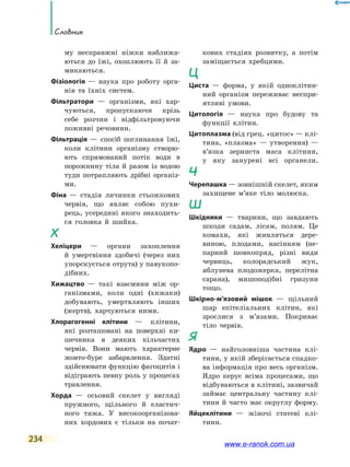 234
Словник
му несправжні ніжки наближа-
ються до їжі, охоплюють її й  за-
микаються.
Фізіологія — наука про роботу орга-
нів та їхніх систем.
Фільтратори — організми, які хар-
чуються, пропускаючи крізь
себе розчин і відфільтровуючи
поживні речовини.
Фільтрація — спосіб поглинання їжі,
коли клітини організму створю-
ють спрямований потік води в
порожнину тіла й разом із водою
туди потрапляють дрібні організ-
ми.
Фіна — стадія личинки стьожкових
червів, що являє собою пухи-
рець, усередині якого знаходить-
ся головка й шийка.
Х
Хеліцери — органи захоплення
й  умертвіння здобичі (через них
упорскується отрута) у павукопо-
дібних.
Хижацтво — такі взаємини між ор-
ганізмами, коли одні (хижаки)
добувають, умертвляють інших
(жертв), харчуються ними.
Хлорагогенні клітини — клітини,
які розташовані на поверхні ки-
шечника в деяких кільчастих
червів. Вони мають характерне
жовто-буре забарвлення. Здатні
здійснювати функцію фагоцитів і
відіграють певну роль у процесах
травлення.
Хорда — осьовий скелет у вигляді
пружного, щільного й еластич-
ного тяжа. У високоорганізова-
них хордових є тільки на почат-
кових стадіях розвитку, а потім
заміщається хребцями.
Ц
Циста — форма, у якій одноклітин-
ний організм переживає неспри-
ятливі умови.
Цитологія — наука про будову та
функції клітин.
Цитоплазма (від грец. «цитос» — клі-
тина, «плазма» — утворення) —
в’язка зерниста маса клітини,
у яку занурені всі органели.
Ч
Черепашка — зовнішній скелет, яким
захищене м’яке тіло молюска.
Ш
Шкідники — тварини, що завдають
шкоди садам, лісам, полям. Це
комахи, які живляться дере-
виною, плодами, насінням (не-
парний шовкопряд, різні види
червиць, колорадський жук,
яблунева плодожерка, перелітна
сарана), мишоподібні гризуни
тощо.
Шкірно­-м’язовий мішок — щільний
шар епітеліальних клітин, які
зрослися з м’язами. Покриває
тіло червів.
Я
Ядро — найголовніша частина клі-
тини, у якій зберігається спадко-
ва інформація про весь організм.
Ядро керує всіма процесами, що
відбуваються в клітині, зазвичай
займає центральну частину клі-
тини й часто має округлу форму.
Яйцеклітини — жіночі статеві клі­
тини.
www.e-ranok.com.ua
 