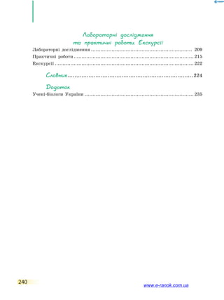 240
Лабораторні дослідження
та практичні роботи. Екскурсії
Лабораторні дослідження................................................................. 209
Практичні роботи............................................................................. 215
Екскурсії......................................................................................... 222
Словник.........................................................................224
Додаток
Учені-біологи України...................................................................... 235
www.e-ranok.com.ua
 