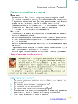 Членистоногі тварини. Ракоподібні
35
значення ракоподібних для людини
Позитивне
•Уживаються в їжу (краби, раки, лангусти, креветки тощо).
•Регулюють чисельність водяних безхребетних (краби, раки тощо).
•Є джерелом живлення для багатьох промислових риб (раки,
краби, личинки великих видів та дрібні ракоподібні).
•Використовуються як індикатори стану середовища (дафнії).
•Очищують воду (морські жолуді, морські качечки).
•Є гарними ґрунтоутворювачами (мокриці).
Негативне
•Деякі перешкоджають руху кораблів, коли оселяються на їхніх
корпусах (морські жолуді).
•Можуть скупчуватися на гідротехнічних спорудах (наприклад,
шлюзах або бакенах) і порушувати їхню роботу (морські жолуді,
морські качечки).
•Можуть травмувати рибалок або підводних плавців (омари, кра-
би тощо).
•Паразитичні види можуть завдавати шкоди промисловим видам
риб і ракоподібних (коропоїди, сакуліна).
•Можуть бути переносниками захворювань людини (циклопи).
запам’ятайте найважливіше
Членистоногі — це тварини із членистим тілом (голо-
ва, груди, черевце), яке вкрите хітиновим панциром.
Живуть вони в усіх середовищах — у воді, на землі
й під землею. Багато представників здатні до польоту.
Найбільш відомими представниками членистоногих
є ракоподібні, павукоподібні й комахи.
Ракоподібні — переважно водяні організми. На голові в них
розташовані дві пари вусиків і складні очі.
Перевірте свої знання
1. За якими ознаками тварину можна віднести до групи чле-
нистоногих?
2. Де живуть представники членистоногих?
3. Як розмножуються ракоподібні?
4. Як живляться представники ракоподібних?
5*. Використовуючи матеріали параграфа й додаткові джерела,
поясніть, яку роль у природі відіграють ракоподібні.
6*. Чому раки червоніють, коли їх варять?
www.e-ranok.com.ua
 
