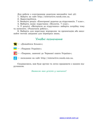 Для роботи з електронним додатком виконайте такі дії:
1. Зайдіть на сайт http://interactive.ranok.com.ua.
2. Зареєструйтеся.
3. Знайдіть розділ «Електронні додатки до підручників. 7 клас».
4. Виберіть назву підручника «Біологія. 7 клас».
5. У розділі «Матеріали до підручника» виберіть потрібну тему
та натисніть «Розпочати роботу».
6. Виберіть для перегляду відеоролик чи презентацію або вико-
найте тестові завдання для перевірки знань.
Умовні позначення
— «Дізнайтеся більше»;
— «Тварини України»;
— «Тварини, занесені до Червоної книги України»;
— посилання на cайт http://interactive.ranok.com.ua.
Сподіваємося, вам буде зручно та легко працювати з нашим під-
ручником.
Бажаємо вам успіхів у навчанні!
www.e-ranok.com.ua
 