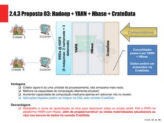 Consumidores 
Consolidador 
passa a ser YARN 
+ HBase. 
Dados podem ser 
acessados via 
CrateData. 
Slide 15 de 1209. 
2.4.3 Proposta 03: Hadoop + YARN + Hbase + CrateData 
Cidade 1 
Cidade N 
Vantagens 
Coletor 
Coletor 
RRDs @ HDFS 
(5 máquinas: 2 namenode + 3 
datanode) 
YARN 
HBase 
CrateData 
 Coletor agora é só uma unidade de processamento, não armazena mais nada; 
 Melhora na capacidade de computação altamente provável; 
 Aumentar capacidade de computação implicaria apenas em adicionar nós no cluster; 
 Aplicações legadas podem se integrar via SQL pela camada CrateData. 
Desvantagens 
 Retrabalho e curva de aprendizado do time para reescrever todos os scripts (shell, Perl e PHP) na 
plataforma YARN com Hbase, além de projetar/construir as visões materializadas (atualizáveis ou 
não) nos bancos de dados da camada CrateData. 
 