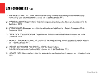Slide 19 de 1209. 
3.3 Referências (1/2) 
 APACHE HADOOP 2.5.1 - YARN. Disponível em: <http://hadoop.apache.org/docs/current/hadoop-yarn/ 
hadoop-yarn-site/YARN.html>. Acesso em 15 de Outubro de 2014. 
 APACHE HADOOP. Disponível em: <http://en.wikipedia.org/wiki/Apache_Hadoop>. Acesso em 13 de 
Outubro de 2014. 
 APACHE HBASE. Disponível em: <http://en.wikipedia.org/wiki/Apache_HBase>. Acesso em 16 de 
Outubro de 2014. 
 CRATE DATA DOCUMENTATION. Disponível em: <https://crate.io/docs/stable/>. Acesso em 10 de 
Outubro de 2014. 
 HADOOP - APACHE HADOOP 2.5.1. Disponível em: <http://hadoop.apache.org/docs/current/>. Acesso 
em 17 de Outubro de 2014. 
 HADOOP DISTRIBUTED FILE SYSTEM (HDFS). Disponível em: 
<http://br.hortonworks.com/hadoop/hdfs/>. Acesso em 11 de Outubro de 2014. 
 HADOOP YARN. Disponível em: <http://br.hortonworks.com/hadoop/yarn/>. Acesso em 15 de Outubro de 
2014. 
 