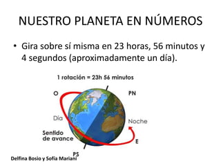 NUESTRO PLANETA EN NÚMEROS
• Gira sobre sí misma en 23 horas, 56 minutos y
4 segundos (aproximadamente un día).
Delfina Bo...