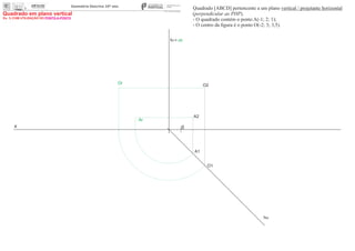 x 0
ha
fa
A1
O1
O2
Or
A2
= ch
Quadrado [ABCD] pertencente a um plano vertical / projetante horizontal
(perpendicular ao PHP).
- O quadrado contém o ponto A(-1; 2; 1);
- O centro da ﬁgura é o ponto O(-2; 3; 3,5).
Ex. 1) COM UTILIZAÇÃO DO PONTO-A-PONTO
Quadrado em plano vertical
Ar
 