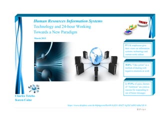 1 | P a g e
Human Resources Information Systems
Technology and 24-hour Working
Towards a New Paradigm
March 2015
Charles Tetebo
Karen Caine
https://www.dropbox.com/sh/44p4gxrztxfhw90/AAD1-tPsO7-fqJXCrnPtEAdha?dl=0
97 UK employees give
their views on information
systems, technology and
current work culture
30.8% “Take action” as a
method of dealing with
negative emotions at work
In 57.5% of cases, themes
of “Ambition” are cited as
reasons for responding to
out of hours messages
 
