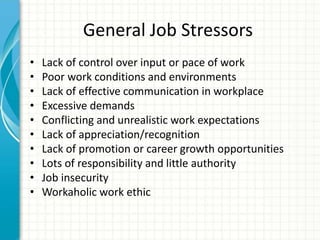 General Job Stressors
• Lack of control over input or pace of work
• Poor work conditions and environments
• Lack of effective communication in workplace
• Excessive demands
• Conflicting and unrealistic work expectations
• Lack of appreciation/recognition
• Lack of promotion or career growth opportunities
• Lots of responsibility and little authority
• Job insecurity
• Workaholic work ethic
 
