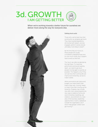 21
3d.GROWTH
I AM GETTING BETTER
When we’re working towards a better future for ourselves we
deliver more along the way for everyone else.
Getting stuck sucks
Those who cannot see how their
working life can progress get stuck.
They have lowered aspirations,
diminished self-esteem, are less
engaged, perform worse and are
ultimately more likely to leave32
.
By the time they do move on,
these people are usually
considered underperformers and
no one much minds. But it needn’t
have turned out like that.
The ‘stuck’ are often as talented as
the high flyers. To maximise
performance and avoid wasting
talent, we need to get stuck
people moving again as quickly as
possible. This happens only if they
can see how their working life can
improve and what they can do to
make it better.
When promotions are scarce and
budget cuts mean there’s little
hope of pay rises, ‘moving’ needs
to mean more than moving up the
hierarchy. Progress may include
new skills, new cultural experiences,
new ways to balance home and
work (more/less travelling), job
rotations, secondments to a new
area of the business, leadership
opportunities or even a sabbatical
outside the organisation, all of
which help people ‘unstick’ and
get moving.33
 