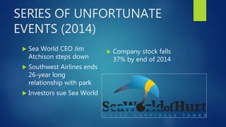SERIES OF UNFORTUNATE
EVENTS (2014)
 Sea World CEO Jim
Atchison steps down
 Southwest Airlines ends
26-year long
relationship with park
 Investors sue Sea World
 Company stock falls
37% by end of 2014
 
