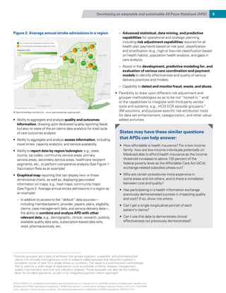 Developing an adaptable and sustainable All Payer Database (APD) 5
•	 Ability to aggregate and analyze quality and outcomes
information, drawing upon dedicated quality reporting feeds
but also on state of the art claims data analytics for total cycle
of care outcomes analysis
•	 Ability to aggregate and analyze access information, including
travel times, capacity analytics, and service availability
•	 Ability to report data by region/subregion, e.g., state,
county, zip codes, community service areas, primary
service areas, secondary service areas, healthcare recipient
segments, etc., to perform comparative analysis (See Figure 1:
Vaccination Rate as an example)
•	 Graphical map reporting that can display two- or three-
dimensional charts, as well as, displaying geo-coded
information on maps, e.g., heat maps, community maps
(See Figure 2: Average annual stroke admissions in a region as
an example)
–– In addition to access to the “default” data sources—
including member/patient, provider, payers, plans, eligibility,
claims, case management data, and service delivery data—,
the ability to combine and analyze APD with other
relevant data, e.g., demographic, clinical, research, publicly
available quality data sets, subscription-based data sets,
retail, pharmaceuticals, etc.
–– Advanced statistical, data mining, and predictive
capabilities for operational and strategic planning,
including risk adjustment capabilities required for all
health plan payments based on risk pool, classification
and stratification (e.g., high-or low-risk classification based
on health habits), population health analysis, and gaps in
care analysis
–– Assist in the development, predictive modeling for, and
evaluation of various care coordination and payment
models to identify effectiveness and quality of various
delivery practices and models
–– Capability to detect and monitor fraud, waste, and abuse.
•	 Flexibility to draw upon different risk adjustment and
grouper methodologies so as to be not “locked in,” and/
or the capabilities to integrate with third-party vendor
tools and systems, e.g., HCI3 ECR episode groupers,9
3M solutions, and purpose-specific risk-attribution tools
for data set enhancement, categorization, and other value-
added activities.
© OpenStreetMap contributors., www.openstreetmap.org/copyright
9 
Episode groupers are a type of software that groups inpatient, outpatient, and pharmaceutical
claims into clinically homogeneous units of analysis called episodes that describe a patient’s
complete course of care for a single illness or condition. The result is a sophisticated methodology
that is used for a wide range of applications such as provider profiling, disease management,
quality improvement, and cost and utilization analysis. These episodes can also be the building
block for bundled payments, as part of an integrated payment reform approach.
States may have these similar questions
that APDs can help answer:
•	 How affordable is health insurance? For a low income
family: how are low-income individuals potentially on
Medicaid able to afford health insurance as the income
threshold increases to above 133 percent of the
federal poverty level as the Affordable Care Act (ACA)
exchange-related subsidies phase out?
•	 Why are certain procedures more expensive in
some areas and not others, and is there a correlation
between cost and quality?
•	 Has participating in a health information exchange
previously demonstrated success in impacting quality
and cost? If so, show me where.
•	 Can I get a single longitudinal portrait of each
patient’s claims?
•	 Can I use this data to demonstrate clinical
effectiveness not previously demonstrated?
Figure 2: Average annual stroke admissions in a region
© 2015 KPMG LLP, a Delaware limited liability partnership and the U.S. member firm of the KPMG network of independent member firms
affiliated with KPMG International Cooperative (“KPMG International”), a Swiss entity. All rights reserved. Printed in the U.S.A. The KPMG
name, logo and “cutting through complexity” are registered trademarks or trademarks of KPMG International. NDPPS 312121
 