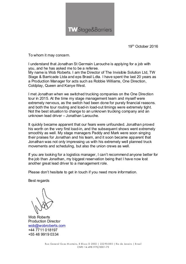 reference letter jlarouche wob 19 oct 2016 truck driver recommendation letter