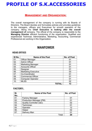 PROFILE OF S.K.ACCESSORIES
MANAGEMENT AND ORGANIZATION:
The overall management of the company is running with its Boards of
Directors. The Board decides and formulates policies and provides guidelines
to the managers, officers and Executives for smooth operation of the
company. Being the Chief Executive is looking after the overall
management of company. The official of the company is responsible to the
Managing Director efficient functioning of the organization. Qualified and
experienced Technical, Administrative, Marketing, Accounting, Commercial
Professional are working in this Organization.
MANPOWER
HEAD OFFICE:
Sl No. Name of the Post No. of Post
01. Officer Manager 01
02. Admin Officer 01
03. Marketing Manager 01
04. Accounts Officer 01
05. Designer 01
06. Marketing Executive 03
07. Co-Coordinator 01
08. Commercial Officer 01
09. Computer Operator 01
10. MLSS 02
TOTAL: 13
FACTORY:
Sl.
No.
Name of the Post No. of Post
01. Factory Manager 01
02. Production Manager (PM) 01
03. Quality Controller (QC) 02
04. Technician 01
05. Operator 12
06. Helper 02
07. Delivery Man 01
Total 20
6 | P a g e
 