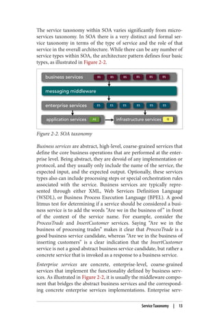 The service taxonomy within SOA varies significantly from micro‐
services taxonomy. In SOA there is a very distinct and formal ser‐
vice taxonomy in terms of the type of service and the role of that
service in the overall architecture. While there can be any number of
service types within SOA, the architecture pattern defines four basic
types, as illustrated in Figure 2-2.
Figure 2-2. SOA taxonomy
Business services are abstract, high-level, coarse-grained services that
define the core business operations that are performed at the enter‐
prise level. Being abstract, they are devoid of any implementation or
protocol, and they usually only include the name of the service, the
expected input, and the expected output. Optionally, these services
types also can include processing steps or special orchestration rules
associated with the service. Business services are typically repre‐
sented through either XML, Web Services Definition Language
(WSDL), or Business Process Execution Language (BPEL). A good
litmus test for determining if a service should be considered a busi‐
ness service is to add the words “Are we in the business of” in front
of the context of the service name. For example, consider the
ProcessTrade and InsertCustomer services. Saying “Are we in the
business of processing trades” makes it clear that ProcessTrade is a
good business service candidate, whereas “Are we in the business of
inserting customers” is a clear indication that the InsertCustomer
service is not a good abstract business service candidate, but rather a
concrete service that is invoked as a response to a business service.
Enterprise services are concrete, enterprise-level, coarse-grained
services that implement the functionality defined by business serv‐
ices. As illustrated in Figure 2-2, it is usually the middleware compo‐
nent that bridges the abstract business services and the correspond‐
ing concrete enterprise services implementations. Enterprise serv‐
Service Taxonomy | 13
 