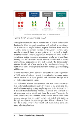 Figure 2-4. SOA service ownership model
The significance of the service owner is that of overall service coor‐
dination. In SOA, you must coordinate with multiple groups to cre‐
ate or maintain a single business request; business users must be
consulted about the abstract business services, shared services teams
must be consulted about the enterprise services created to imple‐
ment the business services, application development teams must be
coordinated so that enterprise services can invoke lower-level func‐
tionality, and infrastructure teams must be coordinated to ensure
nonfunctional requirements are met through the infrastructure
services. Finally, all of that needs to be coordinated through the
middleware teams or integration architects managing the messaging
middleware.
With microservices, there is little or no coordination among services
to fulfill a single business request. If coordination is needed among
service owners, it is done quickly and efficiently through small
application development teams.
This difference between microservices and SOA in service owner‐
ship and overall coordination directly relates to the effort and time
involved in developing, testing, deploying, and maintaining services
in each of these architecture patterns. This is an area in which the
microservices pattern stands out from the crowd. Thanks to the
small service size and minimal coordination needed with other
groups, services can be quickly developed, tested, and deployed
through an effective deployment pipeline. This translates to faster
time to market, lower development and maintenance costs, and
more-robust applications.
16 | Chapter 2: Comparing Service Characteristics
 