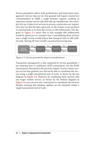 Service granularity affects both performance and transaction man‐
agement. Services that are too fine-grained will require interservice
communication to fulfill a single business request, resulting in
numerous remote service calls that take up valuable time. For exam‐
ple, let’s say it takes four services to process a particular user request.
Let’s also say that the time spent just on the remote-access protocol
to communicate to or from the service is 100 milliseconds. The dia‐
gram in Figure 2-5 shows that in this example 600 milliseconds
would be spend just on transport time. Consolidating these services
into a single service would reduce that transport time to 200 milli‐
seconds, shaving off close to half a second of processing time.
Figure 2-5. Service granularity impact on performance
Transaction management is also impacted by service granularity. I
am referring here to traditional ACID transactions, not the BASE
transactions I discussed in the previous chapter. If your remote serv‐
ices are too fine-grained, you will not be able to coordinate the serv‐
ices using a single transactional unit of work, as shown by the top
diagram in Figure 2-6. However, by combining these services into
one larger remote service, as shown by the bottom diagram in
Figure 2-6, you can now use a transaction to coordinate the services,
thereby ensuring that database updates are all contained within a
single transactional unit of work.
18 | Chapter 2: Comparing Service Characteristics
 