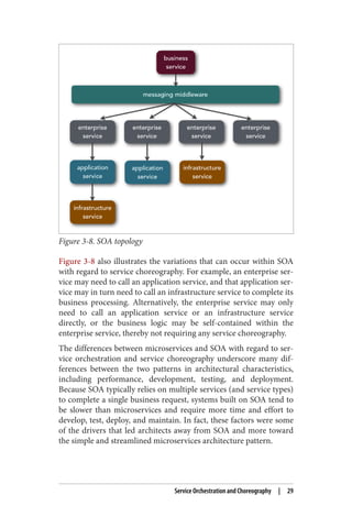 Figure 3-8. SOA topology
Figure 3-8 also illustrates the variations that can occur within SOA
with regard to service choreography. For example, an enterprise ser‐
vice may need to call an application service, and that application ser‐
vice may in turn need to call an infrastructure service to complete its
business processing. Alternatively, the enterprise service may only
need to call an application service or an infrastructure service
directly, or the business logic may be self-contained within the
enterprise service, thereby not requiring any service choreography.
The differences between microservices and SOA with regard to ser‐
vice orchestration and service choreography underscore many dif‐
ferences between the two patterns in architectural characteristics,
including performance, development, testing, and deployment.
Because SOA typically relies on multiple services (and service types)
to complete a single business request, systems built on SOA tend to
be slower than microservices and require more time and effort to
develop, test, deploy, and maintain. In fact, these factors were some
of the drivers that led architects away from SOA and more toward
the simple and streamlined microservices architecture pattern.
Service Orchestration and Choreography | 29
 