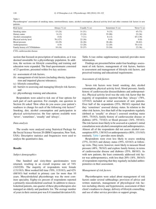 118 G. O’Donoghue et al. / Physiotherapy 100 (2014) 116–122
Table 1
Physiotherapists’ assessment of smoking status, nutrition/dietary status, alcohol consumption, physical activity level and other common risk factors in new
patients.
Risk factor Always % (n) Usually % (n) Sometimes % (n) Never % (n)
Smoking status 15 (24) 31 (51) 9 (15) 45 (73)
Dietary status 8 (13) 15 (24) 55 (90) 22 (36)
Alcohol consumption 0 (0) 7 (11) 8 (13) 85 (139)
Physical activity level 78 (127) 22 (36) 0 (0) 0 (0)
Blood pressure 18 (29) 16 (26) 28 (46) 38 (62)
Anthropometrics 6 (9) 12 (20) 12 (20) 70 (114)
Family history of CVD/diabetes 10 (16) 35 (57) 33 (54) 22 (36)
CVD, cardiovascular disease.
section that focused on prescription of medication, as it was
deemed unsuitable for a physiotherapy population. In addi-
tion, the sections on lifestyle counselling and training and
education were expanded. The ﬁnal questionnaire consisted
of 23 questions, presented within ﬁve key sections:
(a) assessment of risk factors;
(b) management of risk factors (including obesity, hyperten-
sion and impaired glucose tolerance);
(c) lifestyle counselling;
(d) barriers to assessing and managing lifestyle risk factors;
and
(e) physiotherapy training and education.
Respondents were asked to tick one of four options for
each part of each question. For example, one question in
Section (b) asked ‘How often do you assess your patient’s
readiness to change for each of the following risk factors?’
Smoking, diet, alcohol consumption and participation in
physical activity/exercise; the four options available were
‘never’, ‘sometimes’, ‘usually’ and ‘always’.
Data analysis
The results were analysed using Statistical Package for
the Social Science Version 20 (IBM Corporation, New York,
USA). Descriptive statistics and frequencies were used to
analyse the quantitative data.
Results
Subject demographics
One hundred and sixty-three questionnaires were
returned, resulting in an overall response rate of 74%
(163/220). The majority of respondents were female
(131/163). Most worked full time (70%, 115/163), and 42%
(68/163) had worked in primary care for more than 10
years. Musculoskeletal physiotherapy was the most com-
mon speciality. Eighty-six percent of respondents reported
a primarily musculoskeletal caseload. In addition to muscu-
loskeletal patients, one-quarter of these physiotherapists also
managed an elderly and paediatric list. The average number
of years in their current post was 8.4 (standard deviation 6.8).
Table A (see online supplementary material) provides more
information.
Findings are presented below under four headings: assess-
ment of risk factors, management of risk factors, barriers
to assessment and management of lifestyle risk factors, and
perceived training and educational requirements.
Assessment of risk factors
Seven risk factors were listed: smoking, diet, alcohol
consumption, physical activity level, blood pressure, family
history of cardiovascular disease/diabetes and anthropomet-
rics. Physical activity level was the only risk factor that the
majority of respondents reported that they ‘always’ (78%,
127/163) included at initial assessment of new patients.
Over half of the respondents (55%, 90/163) reported that
they ‘sometimes’ assessed dietary status. In relation to the
other risk factors, less than half of the respondents regularly
(deﬁned as ‘usually’ or always’) assessed smoking status
(46%, 75/163), family history of cardiovascular disease or
diabetes (45%, 73/163) or blood pressure (34%, 55/163).
The risk factors least likely to be assessed at a patient’s initial
consultation were alcohol consumption and anthropometrics.
Almost all of the respondents did not assess alcohol con-
sumption(85%,138/163)oranthropometrics(80%,131/163)
routinely. Table 1 provides more details.
Respondents were even less likely to assess smoking
(37%, 61/163) and dietary status (39%, 63/163) at follow-
up visits. They were, however, more likely to measure blood
pressure (48%, 78/163) and explore family history in terms
of cardiovascular disease and diabetes (55%, 88/163). As
with new patients, the least commonly addressed risk fac-
tor was anthropometrics, with less than 20% (18%, 30/163)
of respondents reporting that they regularly included anthro-
pometrics in their assessment.
Management of risk factors
Physiotherapists were asked about management of risk
factors under several subheadings: provision of advice and
written materials, management of physiological risk fac-
tors including obesity and hypertension, assessment of their
client’s readiness to change, delivery of lifestyle counselling,
and use of other service providers or support groups.
 