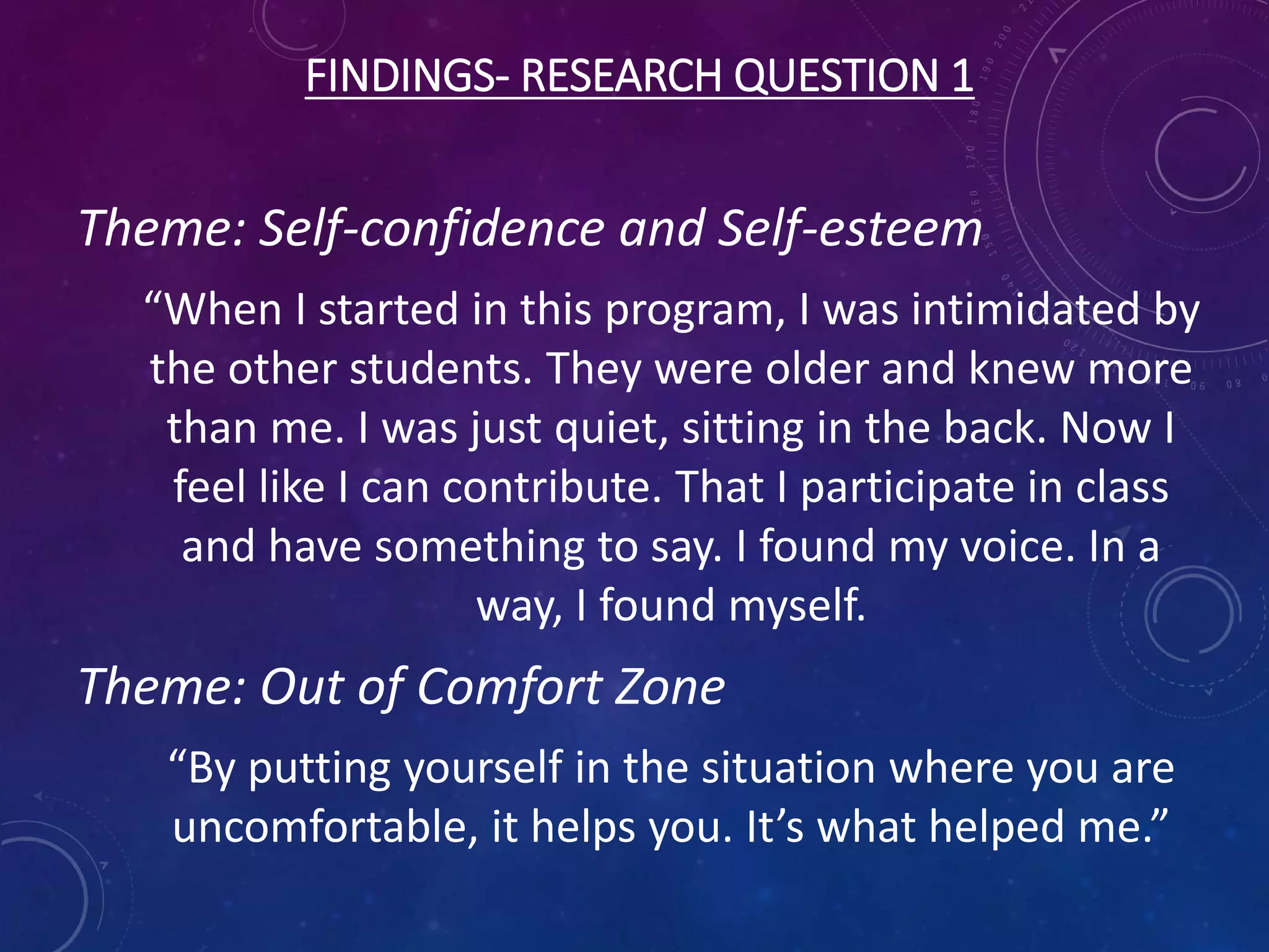 FINDINGS- RESEARCH QUESTION 1
Theme: Self-confidence and Self-esteem
“When I started in this program, I was intimidated by
the other students. They were older and knew more
than me. I was just quiet, sitting in the back. Now I
feel like I can contribute. That I participate in class
and have something to say. I found my voice. In a
way, I found myself.
Theme: Out of Comfort Zone
“By putting yourself in the situation where you are
uncomfortable, it helps you. It’s what helped me.”
 