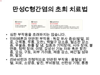 만성C형간염의 초회 치료법

• 심한 부작용을 초래하지는 않습니다.
• 인터페론과 연관된 부작용 : 독감 유사 증상(발열, 피
로, 근육통, 두통, 오한), 백혈구 감소증, 혈소판 감소
증, 우울증, 화를 잘 냄, 집중과 기억장애, 시야 장애, 불
면증, 청력 장애, 이명, 갑상선 기능 저하 혹은 항진
증, 오심, 구토, 피부 가려움, 체중 감소, 폐간질 섬유
화, 탈모
• 리바비린과 전형적으로 연관된 부작용 : 용혈성 빈
혈, 피로, 소양증, 발진, 부비동염, 선천성 기형, 통풍

 