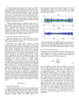 The LDM signal was measured with a single point LDV
system (Polytec PDV100; calibration accuracy ±0.05 mm/s,
bandwidth 0.05 Hz – 22 kHz, spot diameter < 1 mm, sensitivity
25 mm/s/V). The Polytec PDV100 utilizes a Class 2 (eye safe)
beam at 633 nm wavelength. The native output of the LDV
system was a velocity signal which was measured with a
nominal resolution of 5 nm/s (at 15 Hz). The laser beam was
oriented perpendicular to the skin surface at a distance about 30
cm and the laser spot was pointed midway between the sEMG
electrodes (as illustrated in Table 1).
sEMG and LDM signals were sampled at 1 kHz using a 12
bit acquisition board (ML865 PowerLab 4/25T) and were
filtered with different bandpass filters because these signals
have a different nature (electrical and mechanical) and
consequently they are characterized by different spectral
contents. The sEMG signal was filtered with a bandpass filter
(5-500 Hz) and the LDM signal was post-processing filtered
with a bandpass filter (5-100 Hz) to suppress noise.
B. Participants and data acquisition protocol
Data were obtained from 5 male participants (3 right-
handed and 2 left-handed, mean weight = 72 kg, mean height =
183 cm, and mean age = 23 years).
Participants were tested under conditions involving
isometric contraction of bicep brachii (left and right) under
load conditions described below. Participants were instructed
and trained with the experimental protocol before the tests. The
bicep brachii contraction was achieved by requiring
participants to lift a barbell, with an angle of 90° between the
arm and the forearm, and with the elbow supported on a soft
surface. The first test was with the barbell without weights,
which is labeled here 0% MVC (although there was a small
nominal load of about 1 kg); for the second and third tests the
participants were asked to identify a probable weight
corresponding to their MVC, from which weights
corresponding to 30% and 90% MVC were identified. The
90% MVC is the almost maximum weight that the participant
can lift while the 30% has been find as about 1/3 of the 90%
MVC. The choice to use 30% and 90% MVC is based on
capacitive of the subjects to recognize a low load and an high
load. The 90% MVC was thus self-identified. For each weight
(0%, 30%, and 90% MVC), the participant was required to
repeat the test 2 times, each for a period of 15 s during which
they held a steady contraction. To minimize the likelihood of a
significant contribution from muscle fatigue, brief rest periods
of 2 min were given between subsequent contractions. The test
sequence started with the contraction of the right bicep brachii,
followed by a replicate sequence involving the left bicep
brachii.
III. RESULTS
A. General form of signals
sEMG and LDM signals were all observed to depend on the
force that the participant produced when he lifted the barbell.
The sEMG and LDM also showed clear changes during the
time of contraction, which varied according to the required
contraction strength. sEMG and LDM signals for a
representative participant are illustrated in Figure 2, where the
force-dependent changes are clearly evident. The signal
amplitudes show orderly increased over the three force levels
(0%, 30% and 90% MVC).
Figure 2. LDM signals and sEMG signals for one participant.
In red is the signal for a 0% MVC (barbell with a weight of ~1
kg), in green for a 30% MVC (barbell with a weight of ~6 kg)
and in blue for a 90% MVC (barbell with a weight of ~16 kg).
B. Force level characterization
Assessment of the bicep brachii force level of contraction for
each participant was based on calculation of the Root Mean
Square (RMS) of the sEMG and LDM signals. RMS was
computed according to the following equation:
(1)
For each sEMG and LDM signal the RMS was computed,
based on 1000 samples with an overlap of 500 samples for all
15 s of acquisition. Means RMS values were found for the
normalized RMS signals in order to support comparisons of
the sEMG and LDM techniques. To normalize signals, it has
been necessary to divide the signal values by the higher value
of the same signal. In Table 2 are shown the means between
the 2 acquisitions for each load (0%, 30%, 90% MVC force)
of sEMG and LDM normalized RMS signals (RMS norm).
The normalized RMS of the right and left biceps brachii
signals uniformly showed progressive increase in signal
amplitude when the weight of the barbell increased [15, 16].
That progressive increase of the RMS normalized parameter
was visible for each participant, for both left and right
movements, for both the LDM and sEMG signals, and would
provide an inerrant basis for classifying the level of
contraction force developed during each test (0%, 30% and
90% MVC).
 