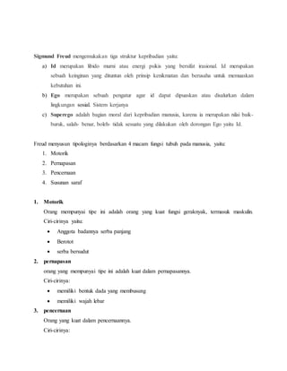 Sigmund Freud mengemukakan tiga struktur kepribadian yaitu:
a) Id merupakan libido murni atau energi psikis yang bersifat irasional. Id merupakan
sebuah keinginan yang dituntun oleh prinsip kenikmatan dan berusaha untuk memuaskan
kebutuhan ini.
b) Ego merupakan sebuah pengatur agar id dapat dipuaskan atau disalurkan dalam
lingkungan sosial. Sistem kerjanya
c) Superego adalah bagian moral dari kepribadian manusia, karena ia merupakan nilai baik-
buruk, salah- benar, boleh- tidak sesuatu yang dilakukan oleh dorongan Ego yaitu Id.
Freud menyusun tipologinya berdasarkan 4 macam fungsi tubuh pada manusia, yaitu:
1. Motorik
2. Pernapasan
3. Pencernaan
4. Susunan saraf
1. Motorik
Orang mempunyai tipe ini adalah orang yang kuat fungsi geraknyak, termasuk maskulin.
Ciri-cirinya yaitu:
 Anggota badannya serba panjang
 Berotot
 serba bersudut
2. pernapasan
orang yang mempunyai tipe ini adalah kuat dalam pernapasannya.
Ciri-cirinya:
 memiliki bentuk dada yang membusung
 memiliki wajah lebar
3. pencernaan
Orang yang kuat dalam pencernaannya.
Ciri-cirinya:
 
